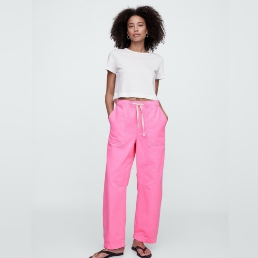 GAP Denim Mid Rise Pull-On Supersoft Utility Barrel Jeans neon pink rose NWT